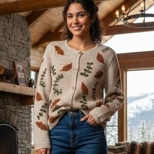 Hampton Isles Large $168 Hand Knit Bolivia 100% Cotton Leaf Artisan Cardigan